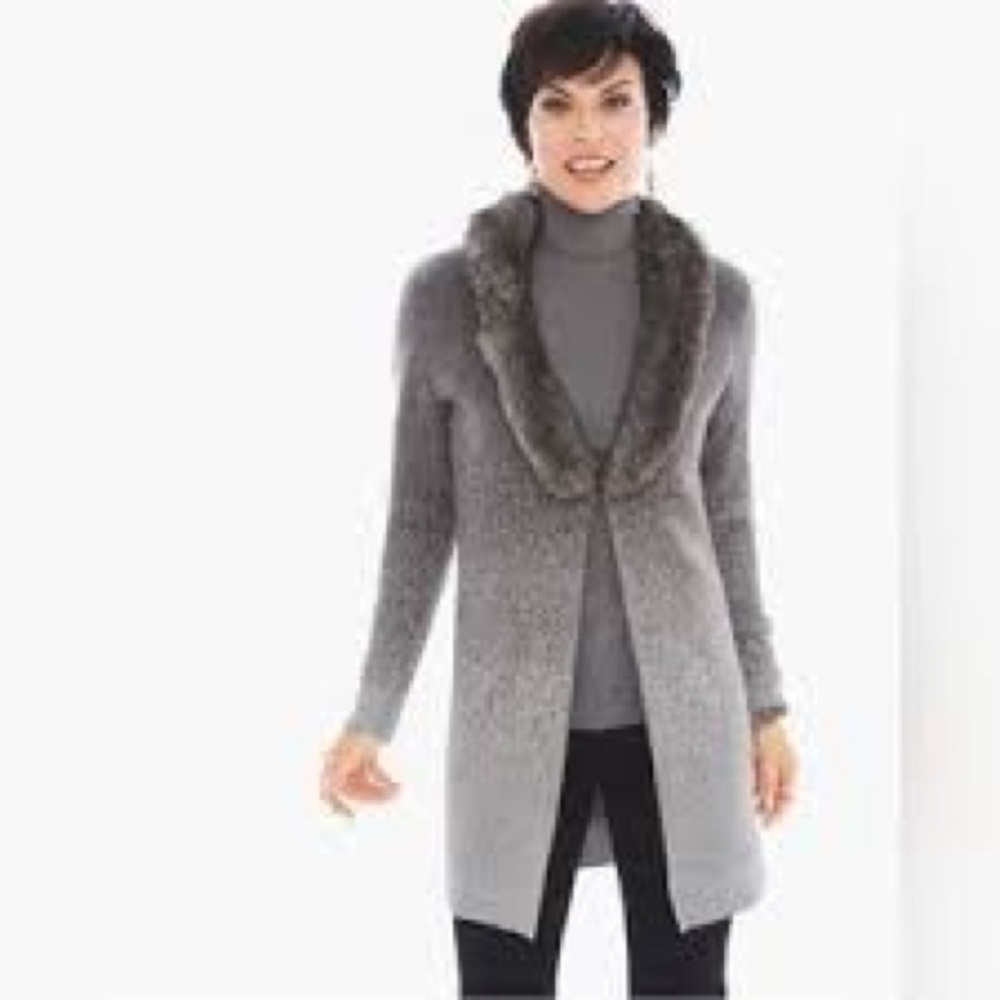 Chico’s Sweater Cardigan Jacket Women's Size 2 (12) Gray Hook Loop Fur